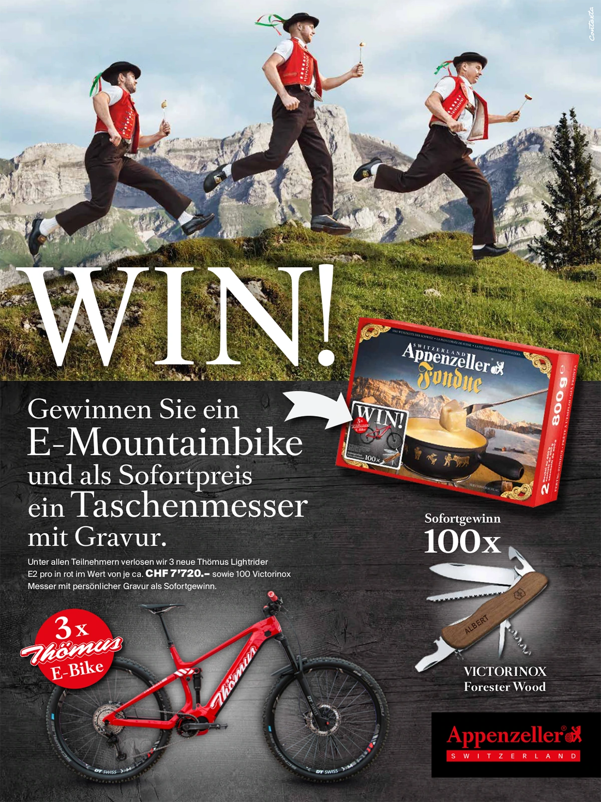 Annonce de concours Appenzeller avec fondue, vélo et personnages alpins.