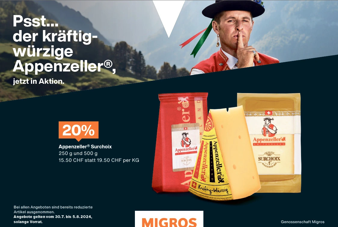 Annonce promotionnelle Migros pour les fromages Appenzeller sur fond de montagnes.