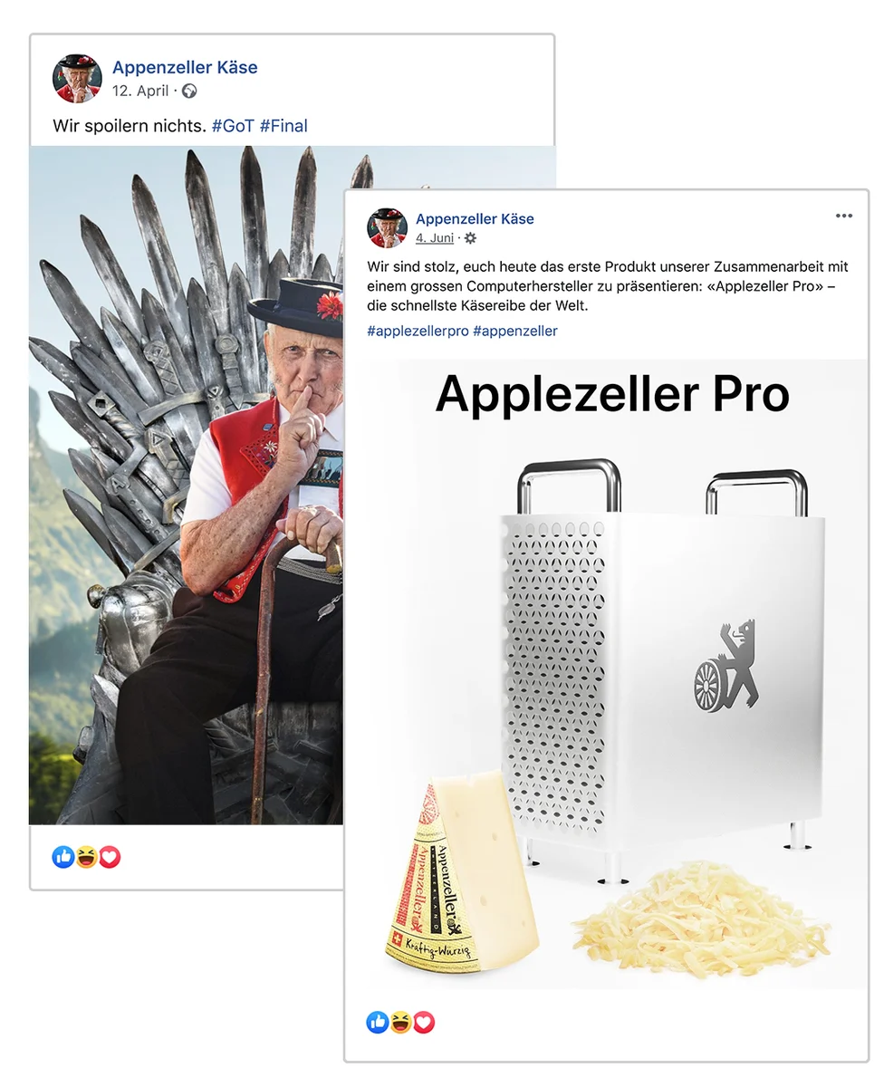 Publications Appenzeller sur les réseaux sociaux, avec un personnage et des râpes à fromage.