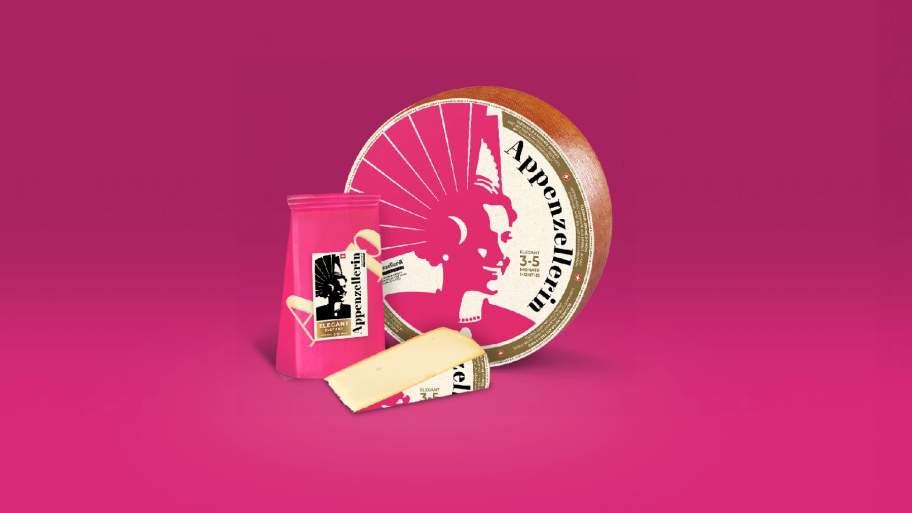 Fromage Appenzellerin et emballages roses sur fond rose.