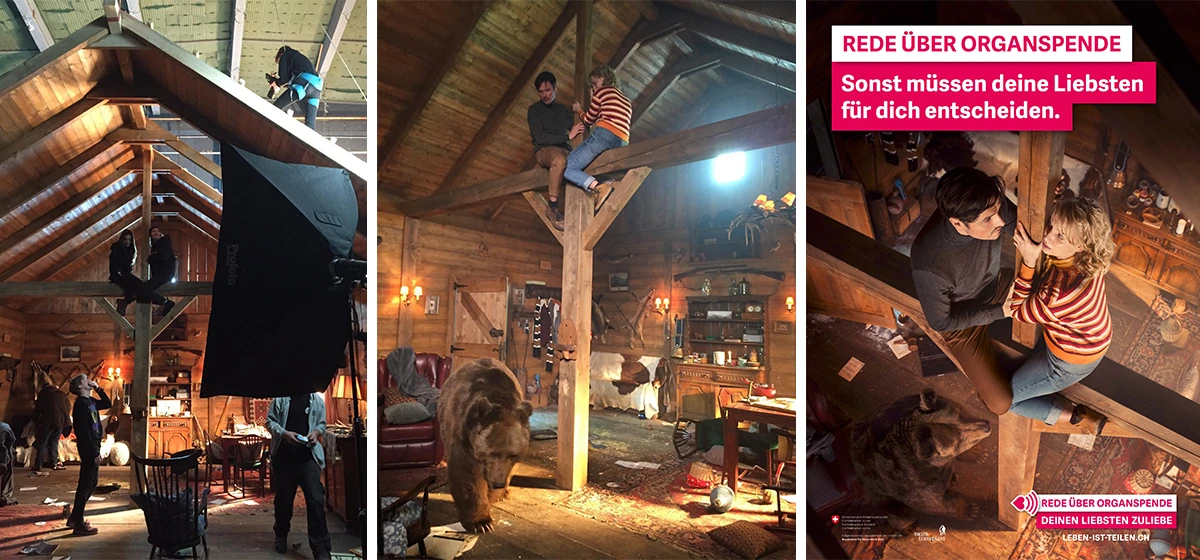 Photographies de tournage et affiche de la campagne de l’OFSP dans un décor de grange.