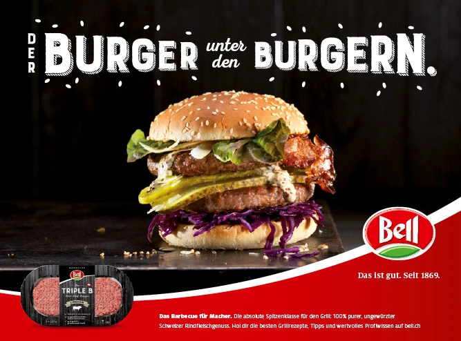 Affiche Bell BBQ avec un grand burger et la signature « Der Burger unter den Burgern ».