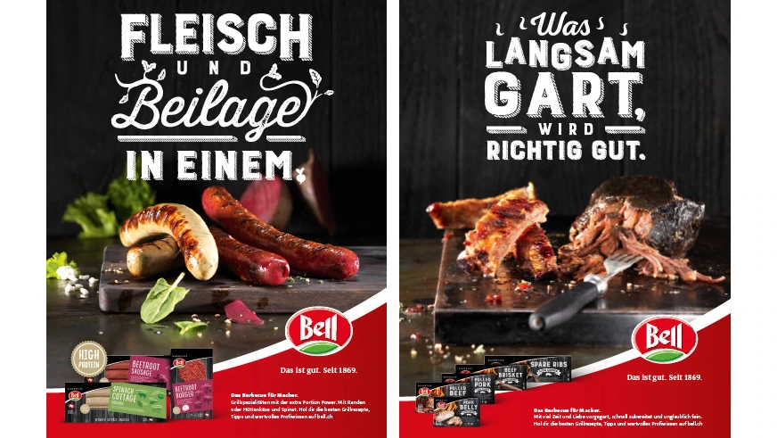 Deux affiches Bell BBQ présentant produits grillés et viande cuite lentement.