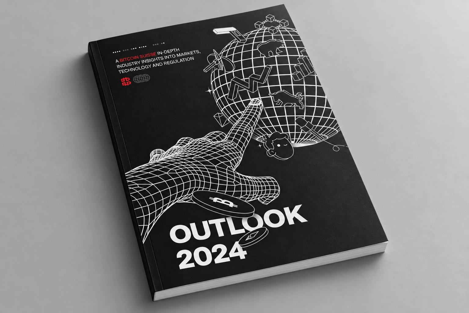 Couverture « Outlook 2024 » de Bitcoin Suisse avec mains et globe en filaire blanc.