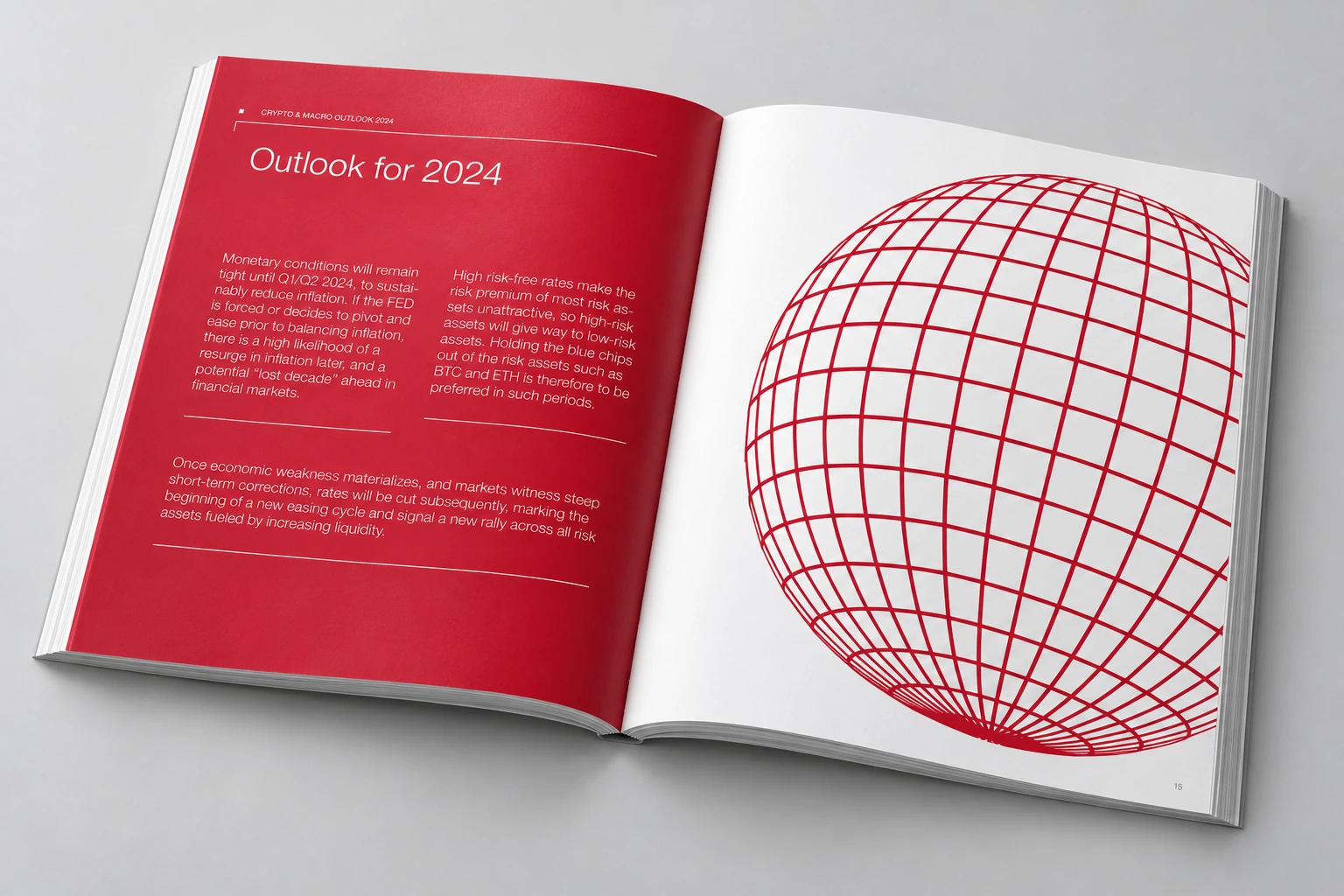 Double page « Outlook 2024 » associant texte sur fond rouge et globe en filaire.