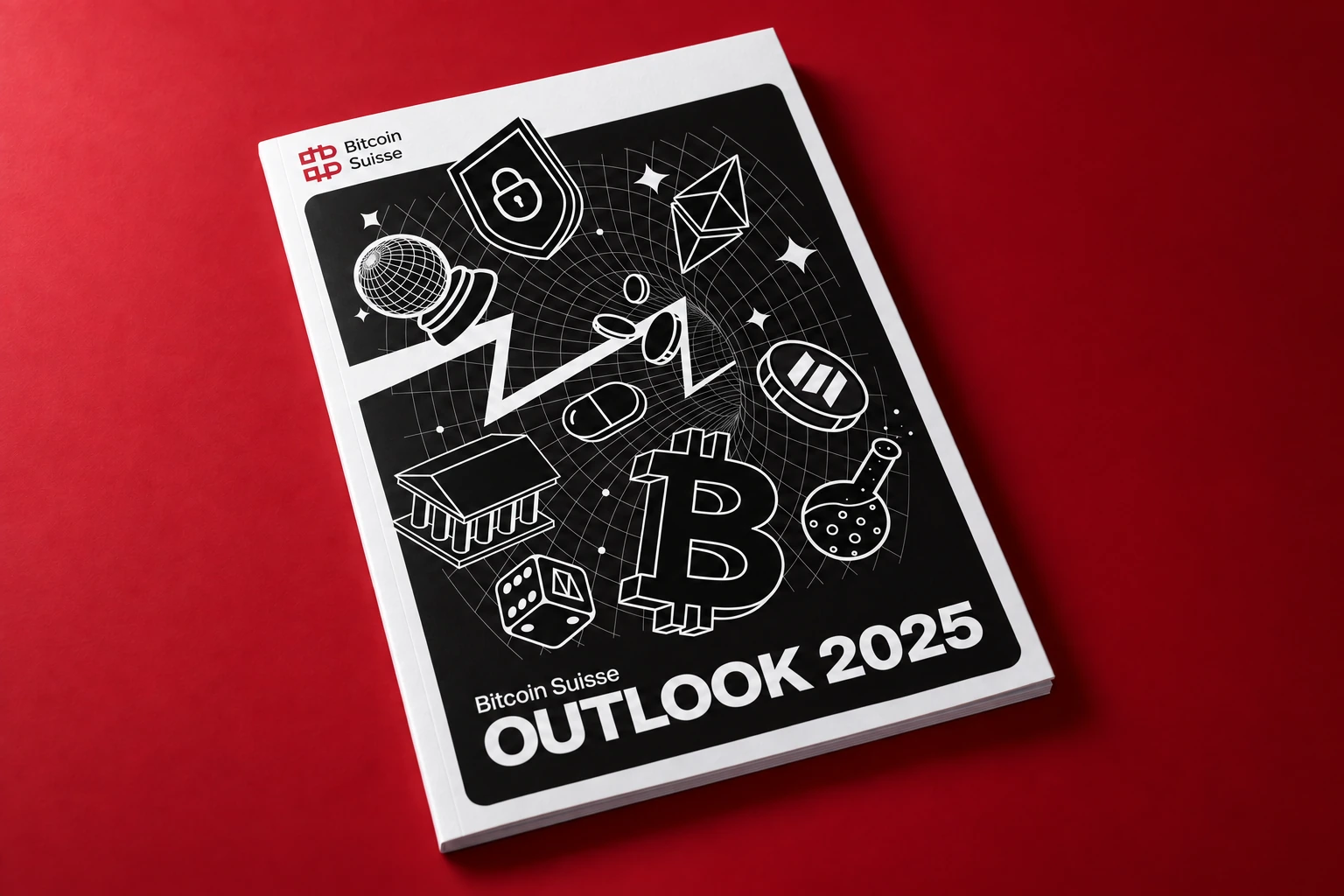 Couverture Bitcoin Suisse « Outlook 2025 », avec illustrations blanches sur fond noir et support rouge.