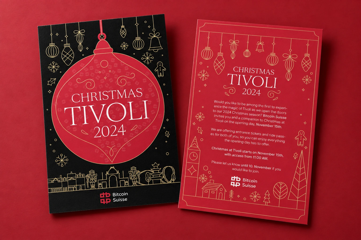 Invitation Bitcoin Suisse « Christmas Tivoli 2024 », recto noir et verso rouge.