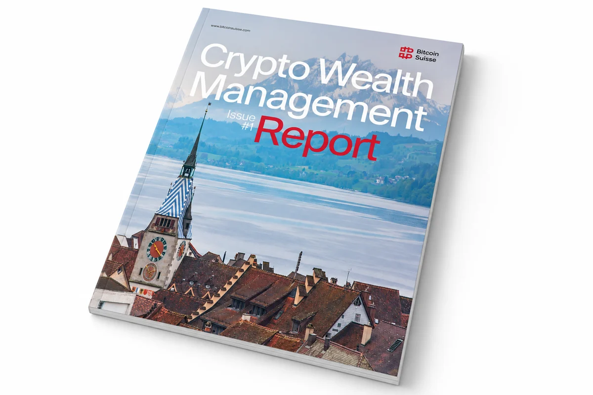 Couverture « Crypto Wealth Management Report » de Bitcoin Suisse avec paysage lacustre.