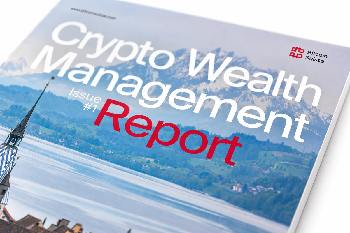 Détail de la couverture « Crypto Wealth Management Report », avec titre blanc et rouge.