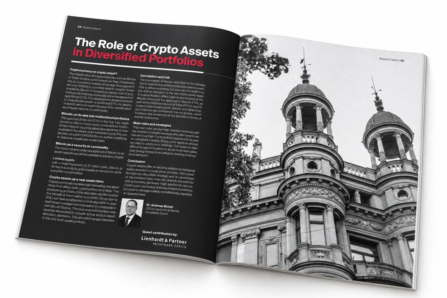 Double page du « Crypto Wealth Management Report » avec photographie architecturale en noir et blanc.