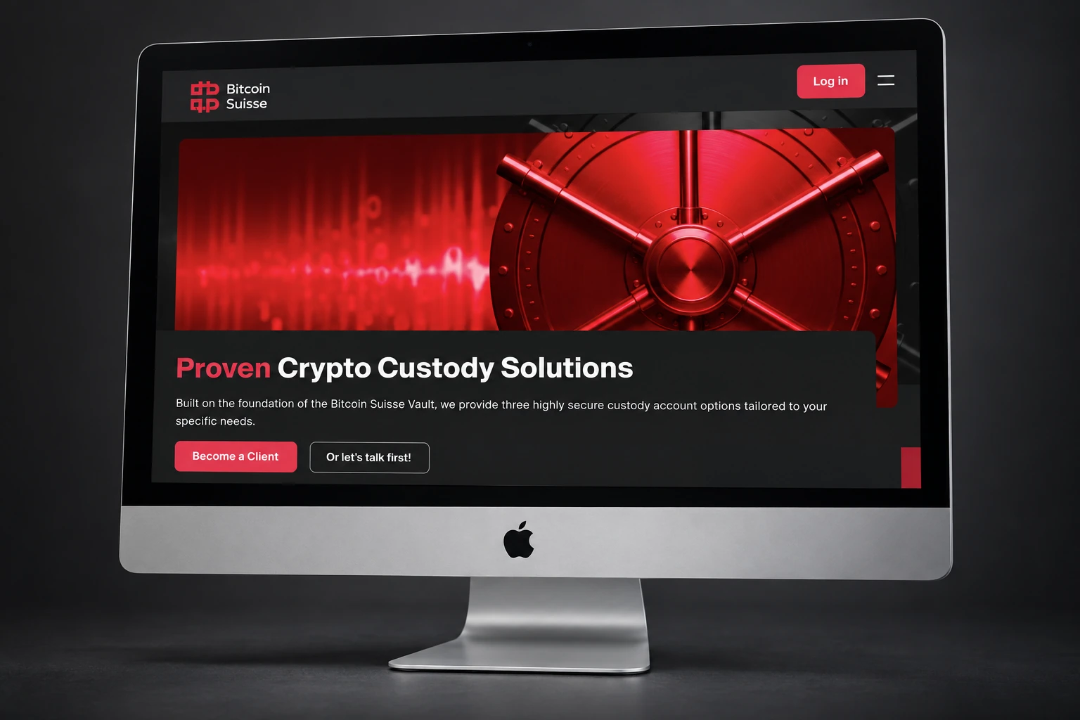 Page Bitcoin Suisse « Crypto Custody Solutions » présentée sur ordinateur de bureau.