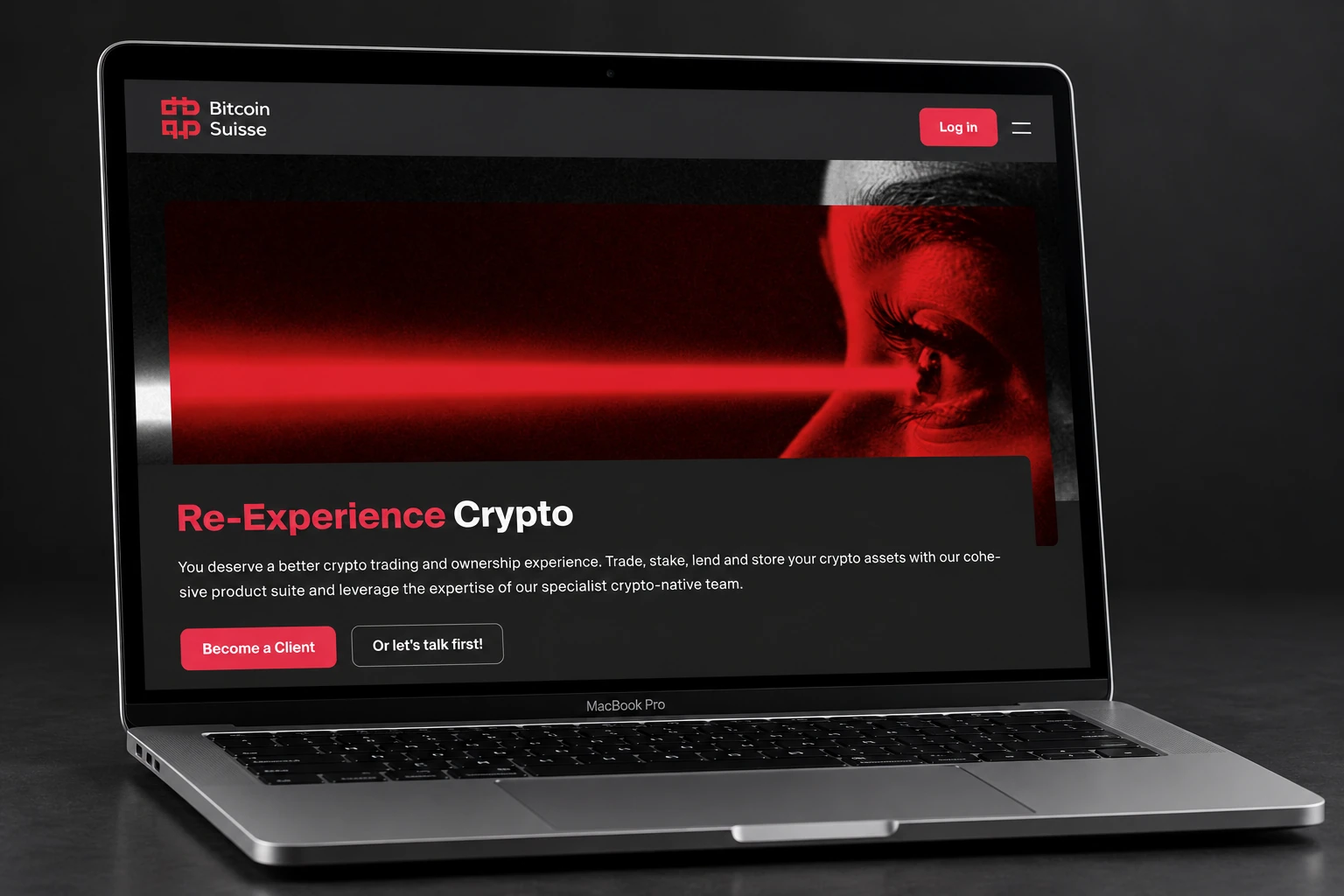 Site Bitcoin Suisse sur ordinateur portable, avec portrait éclairé en rouge.