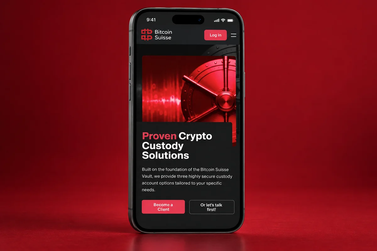 Page mobile Bitcoin Suisse consacrée à la conservation d’actifs, avec coffre rouge.