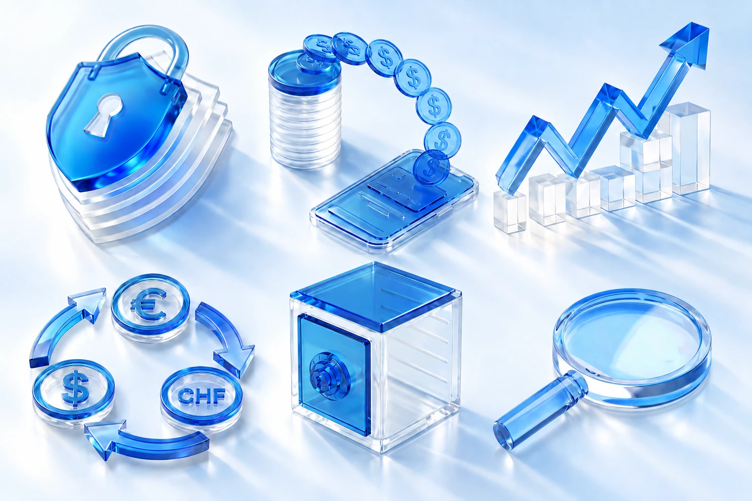 Illustrations Celsion Bank en volume bleu translucide : cadenas, pièces, coffre, courbe et loupe.