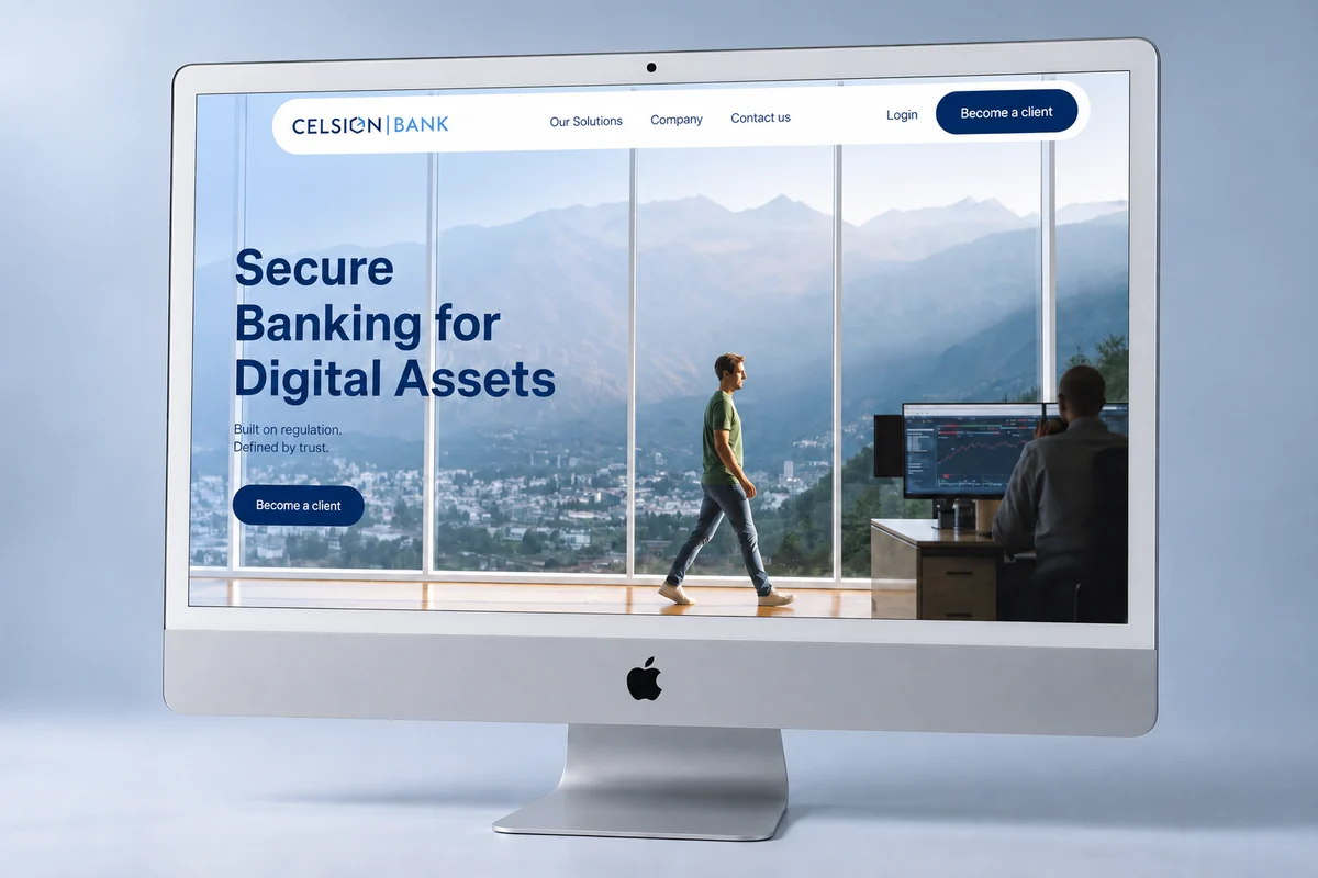 Maquette du site Celsion Bank sur iMac, avec bureau ouvert sur un paysage de montagne.