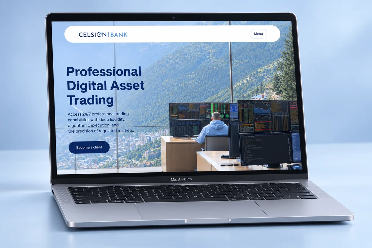 Maquette de la page trading Celsion Bank sur ordinateur portable.