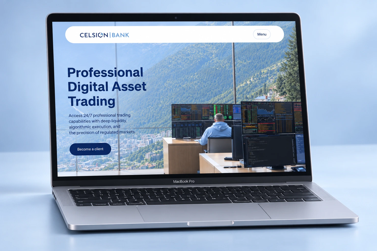 Maquette de la page trading Celsion Bank sur ordinateur portable.