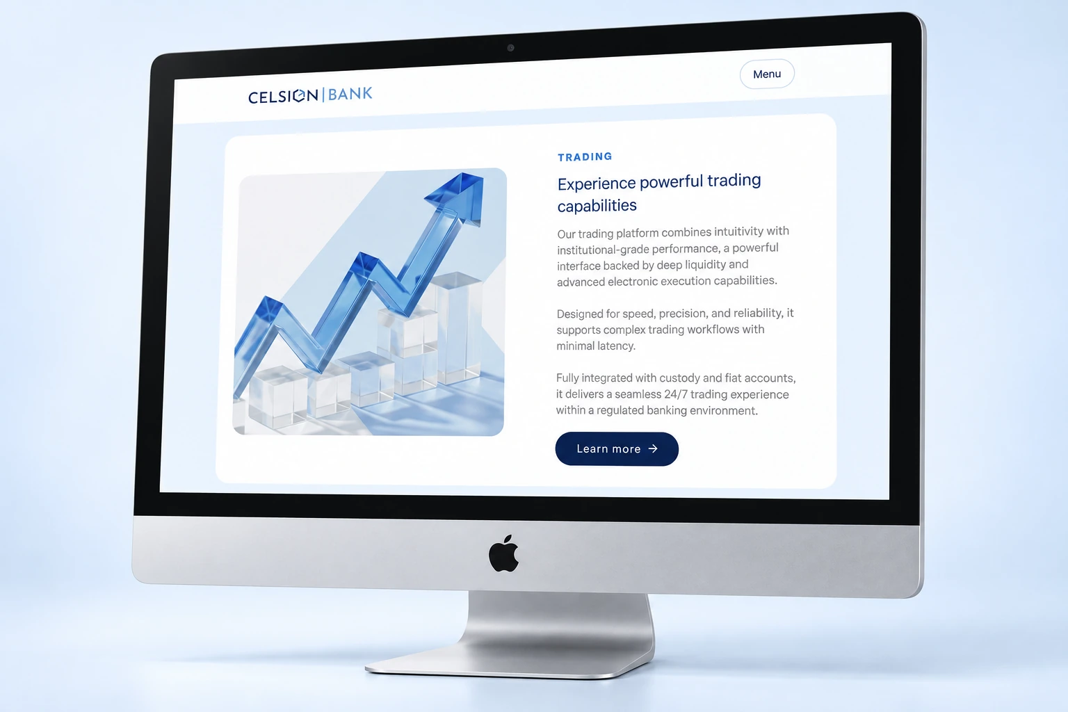Page de service Celsion Bank sur iMac avec illustration bleue d’une courbe ascendante.