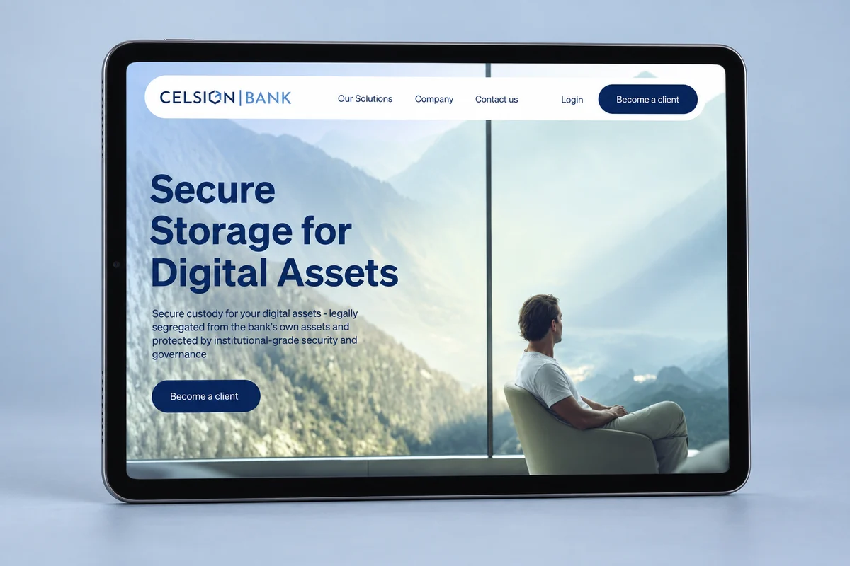 Maquette de la page custody Celsion Bank sur tablette, avec vue sur les montagnes.
