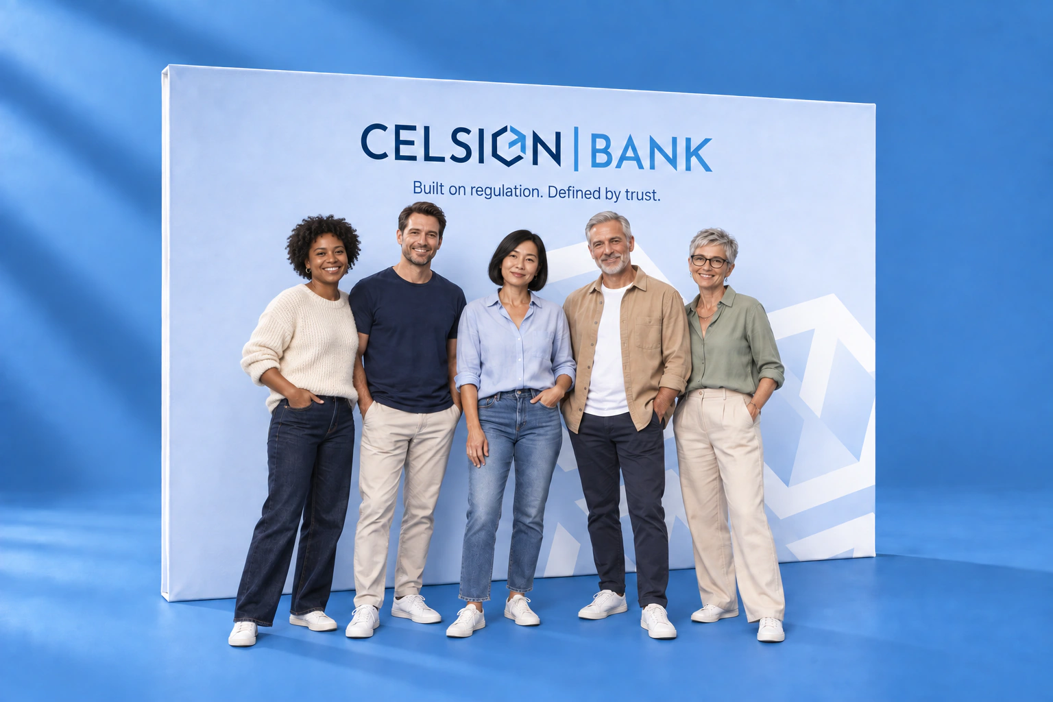 Maquette de mur photo Celsion Bank avec cinq personnes devant un fond bleu et blanc.