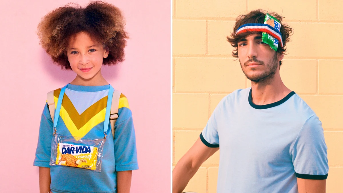 Diptyque DAR-VIDA avec une enfant et un sportif sur fonds rose et jaune.