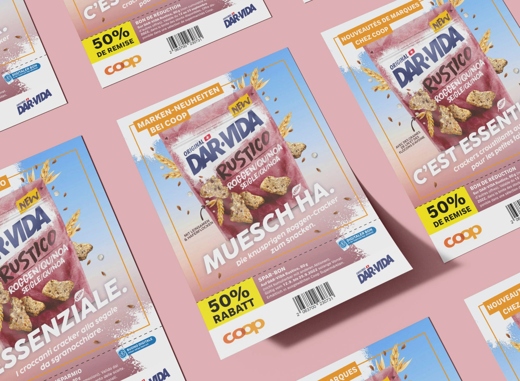 Annonces promotionnelles DAR-VIDA Rustico en plusieurs langues sur fond rose.
