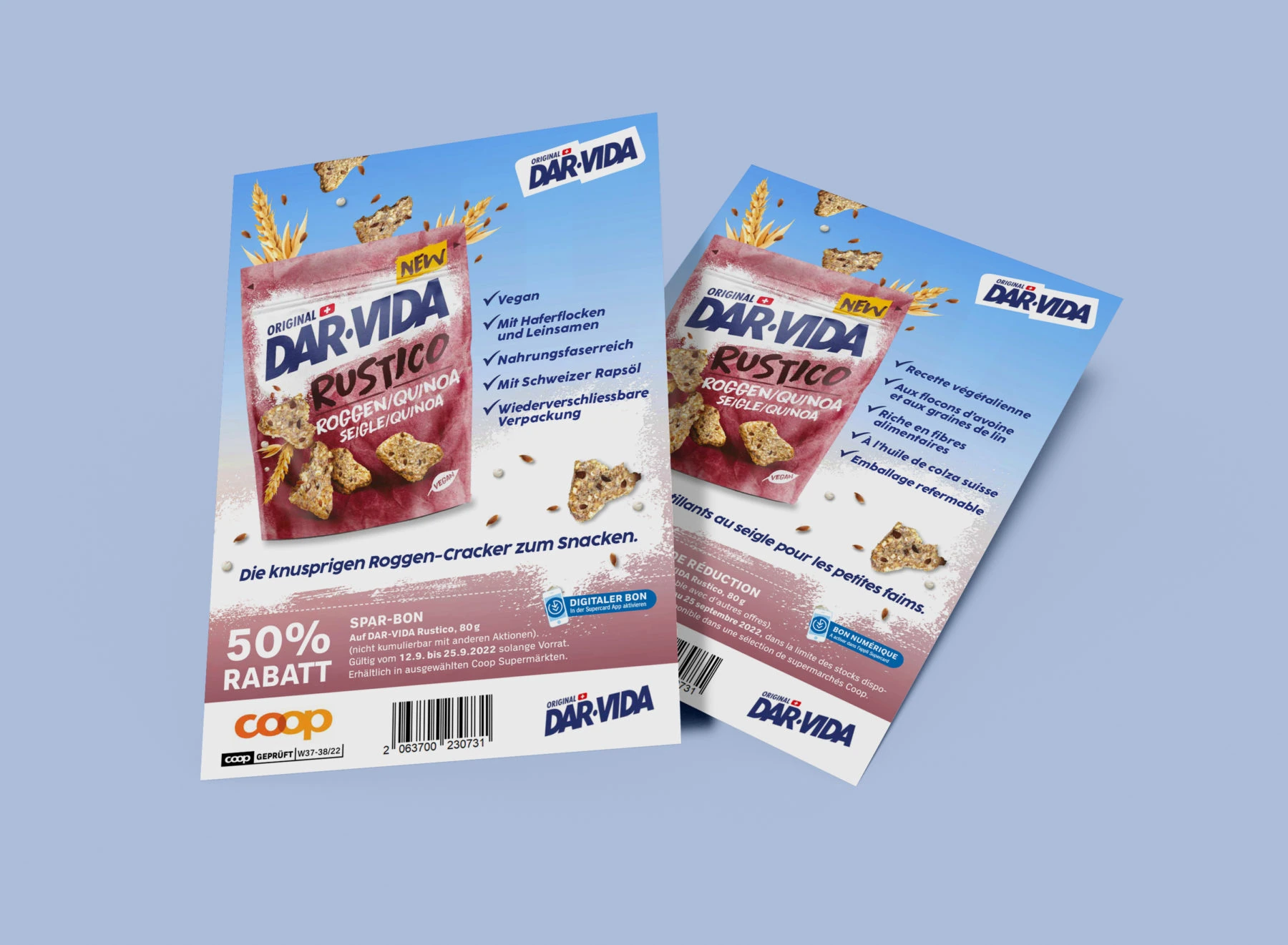 Dépliants promotionnels DAR-VIDA Rustico présentés sur fond bleu.
