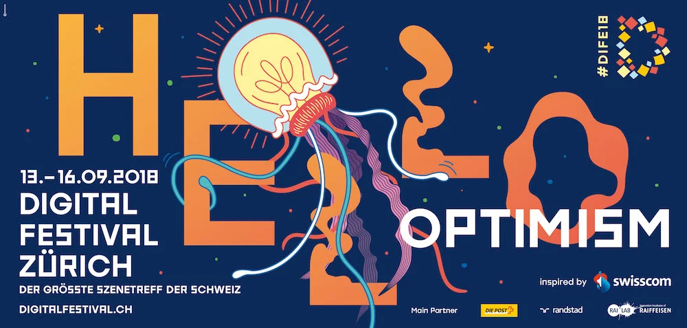 Affiche « Optimism » du Digital Festival Zürich 2018, avec ampoule illustrée et formes orange.