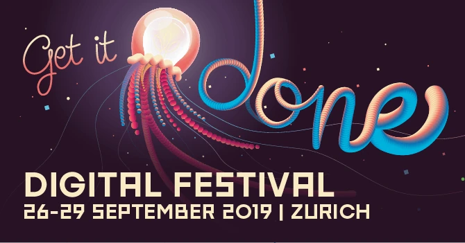 Affiche « Get it done » du Digital Festival Zürich 2019, avec typographie en volume.