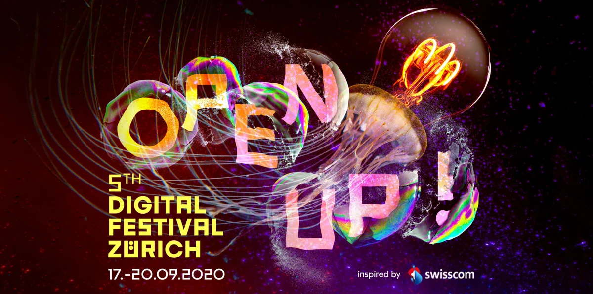 Affiche horizontale « Open Up! » du Digital Festival Zürich 2020.
