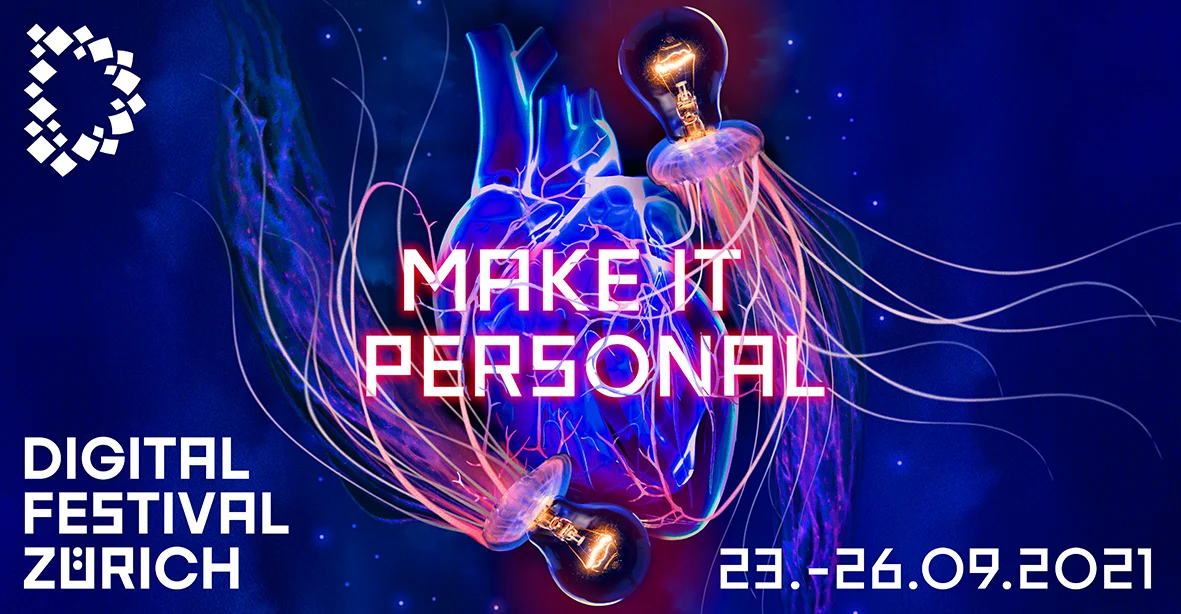 Affiche « Make it personal » du Digital Festival 2021 sur fond bleu lumineux.