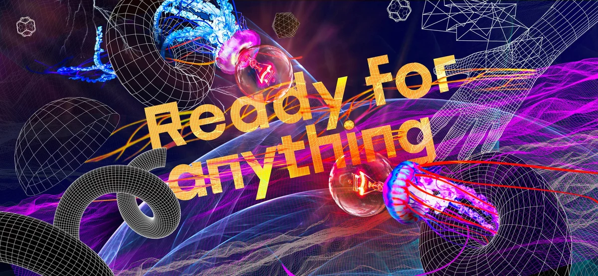 Visuel horizontal « Ready for anything » avec formes numériques et typographie jaune.