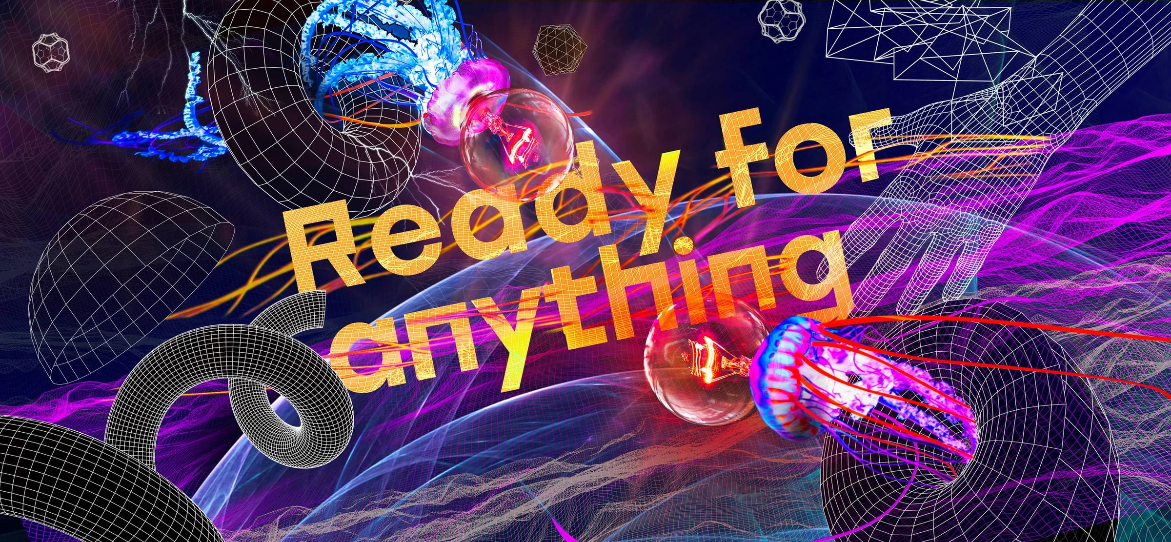Visuel horizontal « Ready for anything » avec formes numériques et typographie jaune.