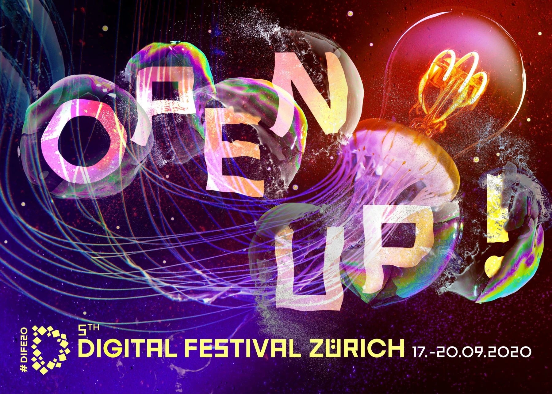 Visuel « Open Up! » du Digital Festival, avec lettres irisées et formes lumineuses.