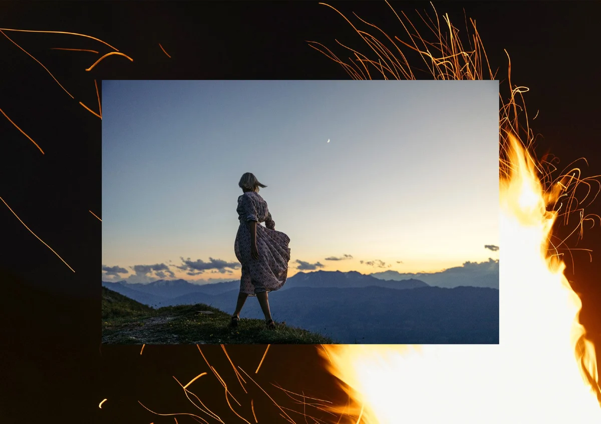 Collage Guarda Val mêlant une silhouette face aux montagnes et des étincelles de feu.
