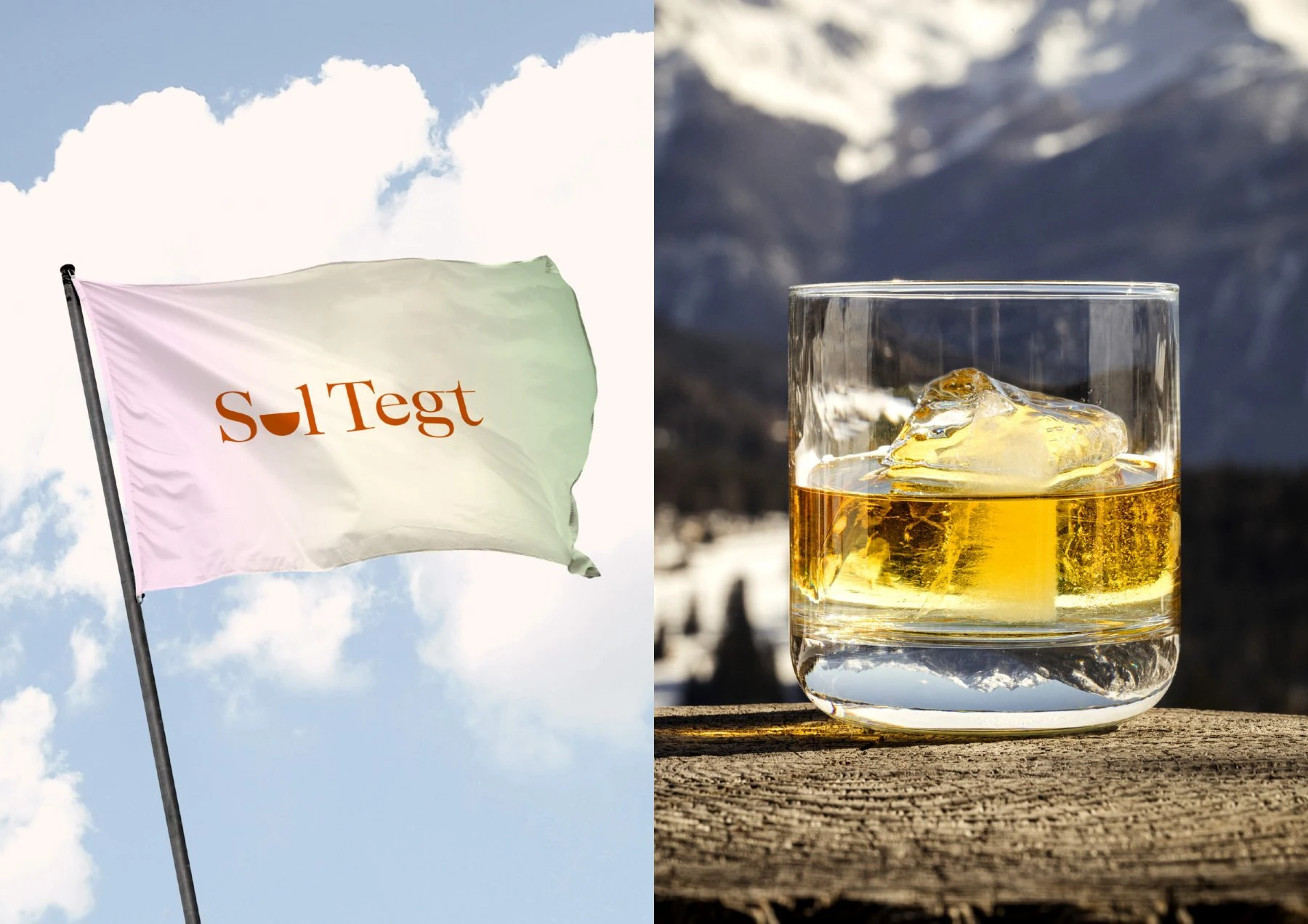 Drapeau du restaurant « So!Tegt » et verre ambré devant les montagnes.