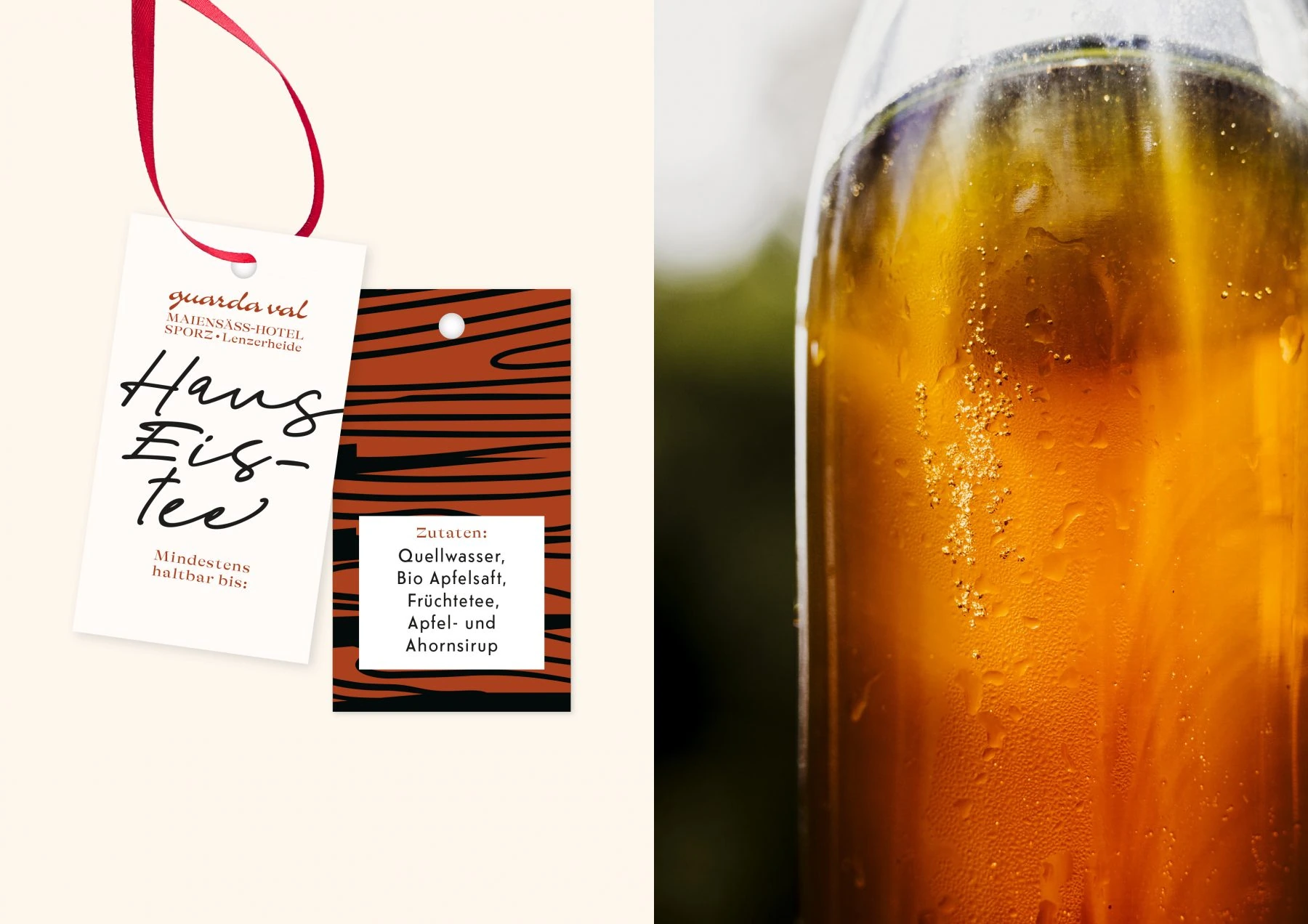 Étiquettes Guarda Val pour un thé glacé maison, avec motifs et typographie manuscrite.