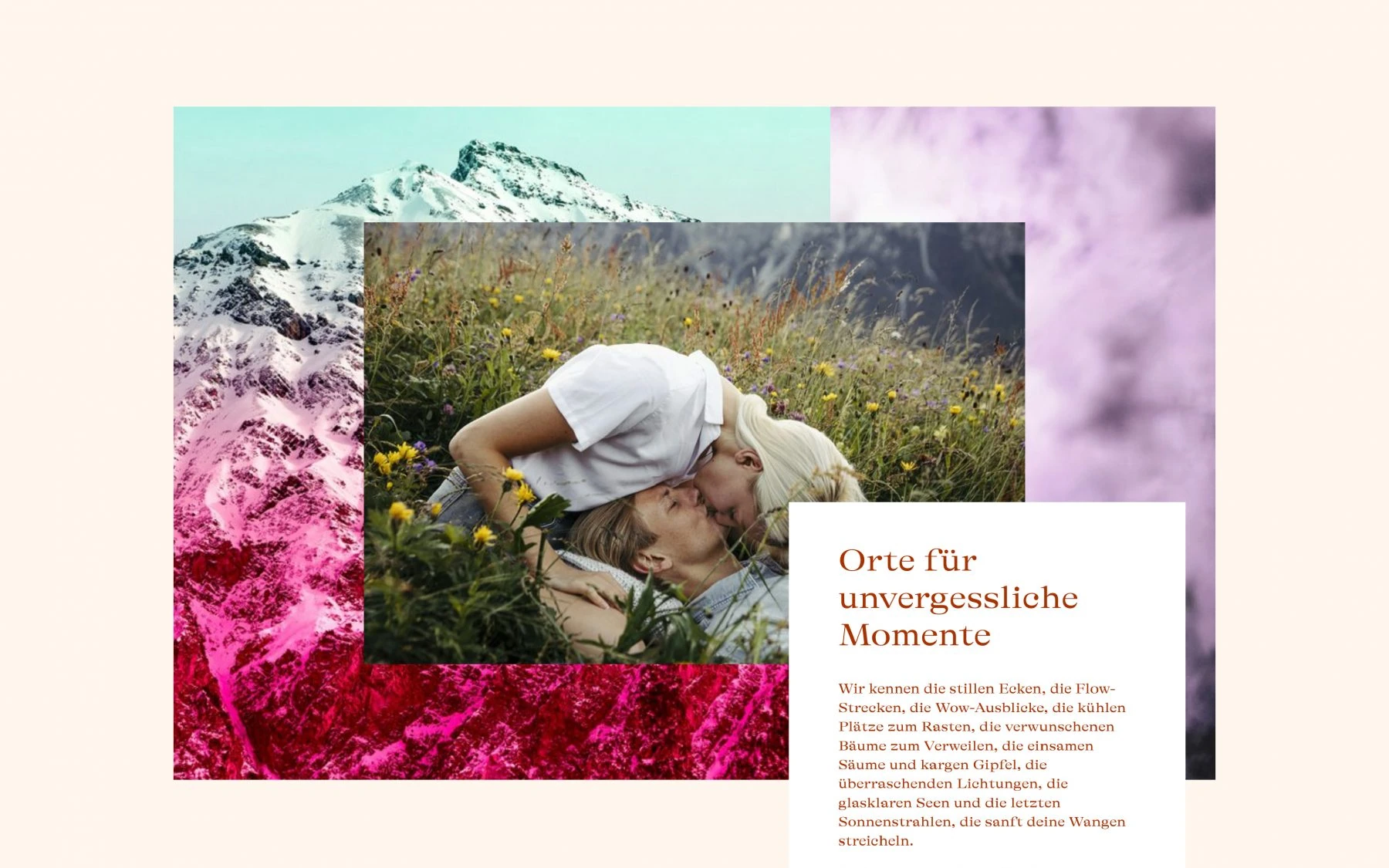 Page Guarda Val avec un portrait en plein air dans un collage de paysages colorés.