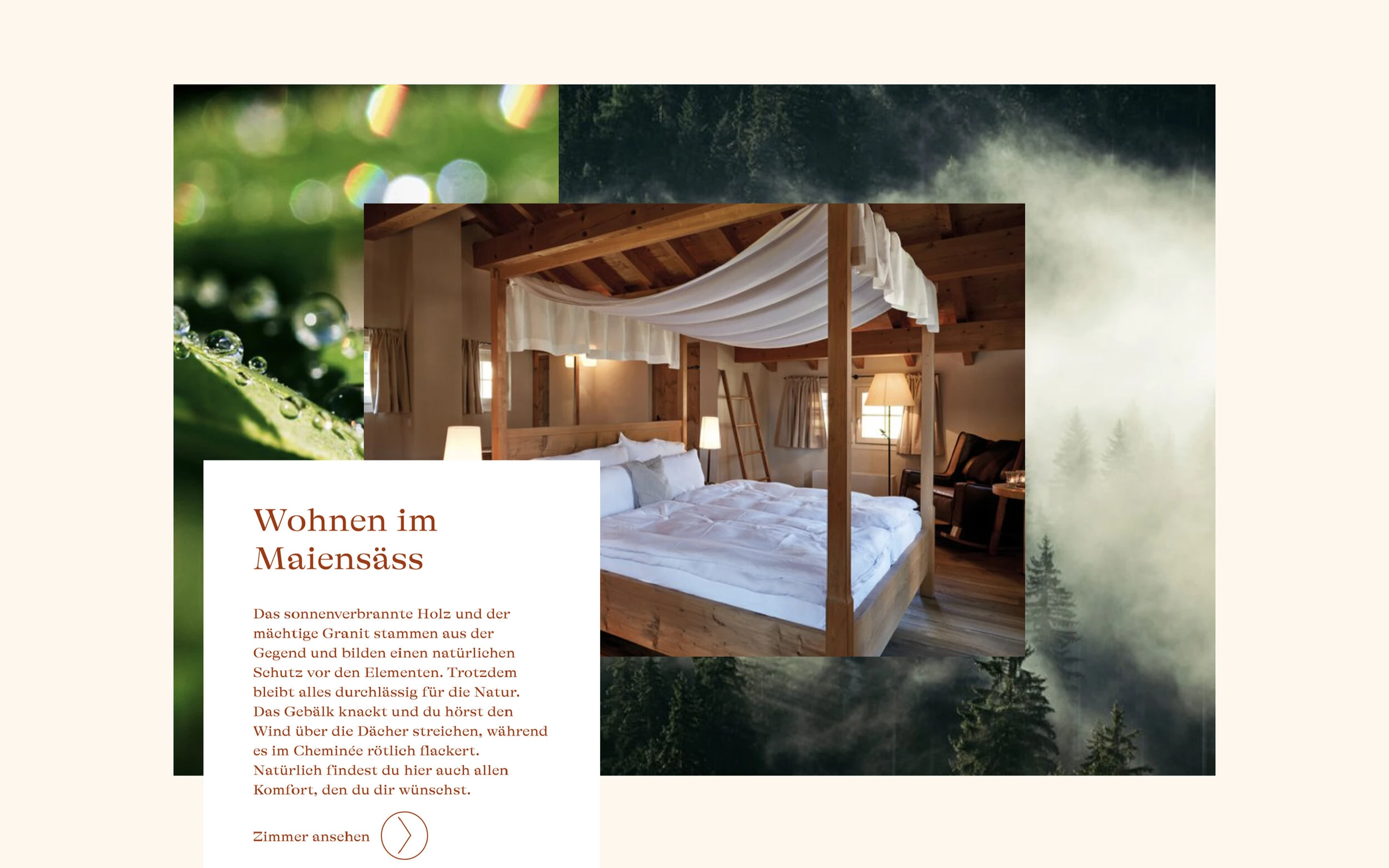 Page des chambres Guarda Val avec photographie d’un lit à baldaquin en bois.