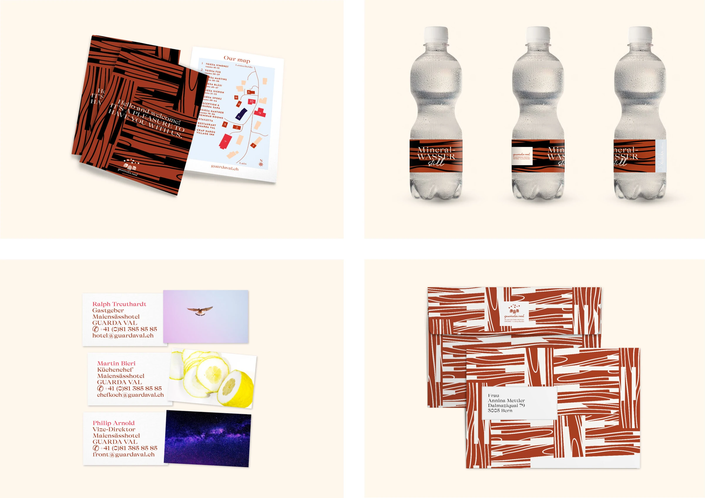 Ensemble des supports Guarda Val : cartes, bouteilles, imprimés et enveloppes à motifs.