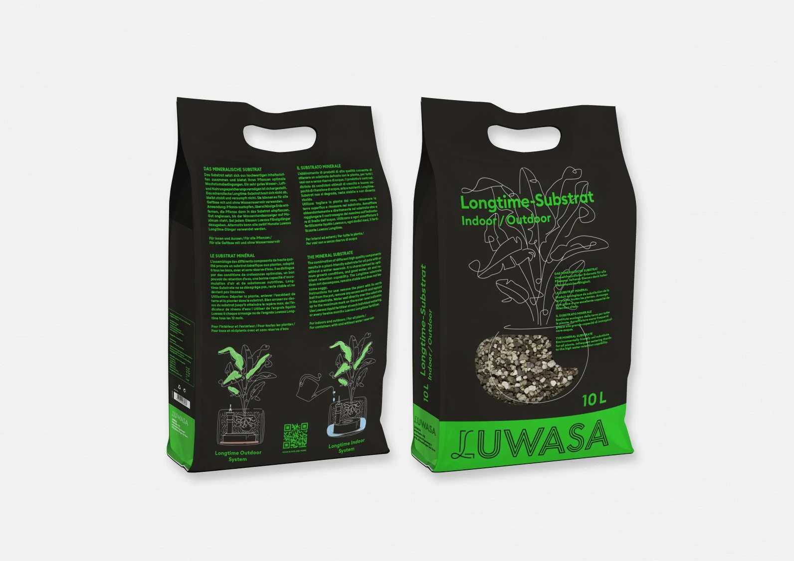 Sacs de substrat Luwasa noirs et verts, illustrés de plantes.