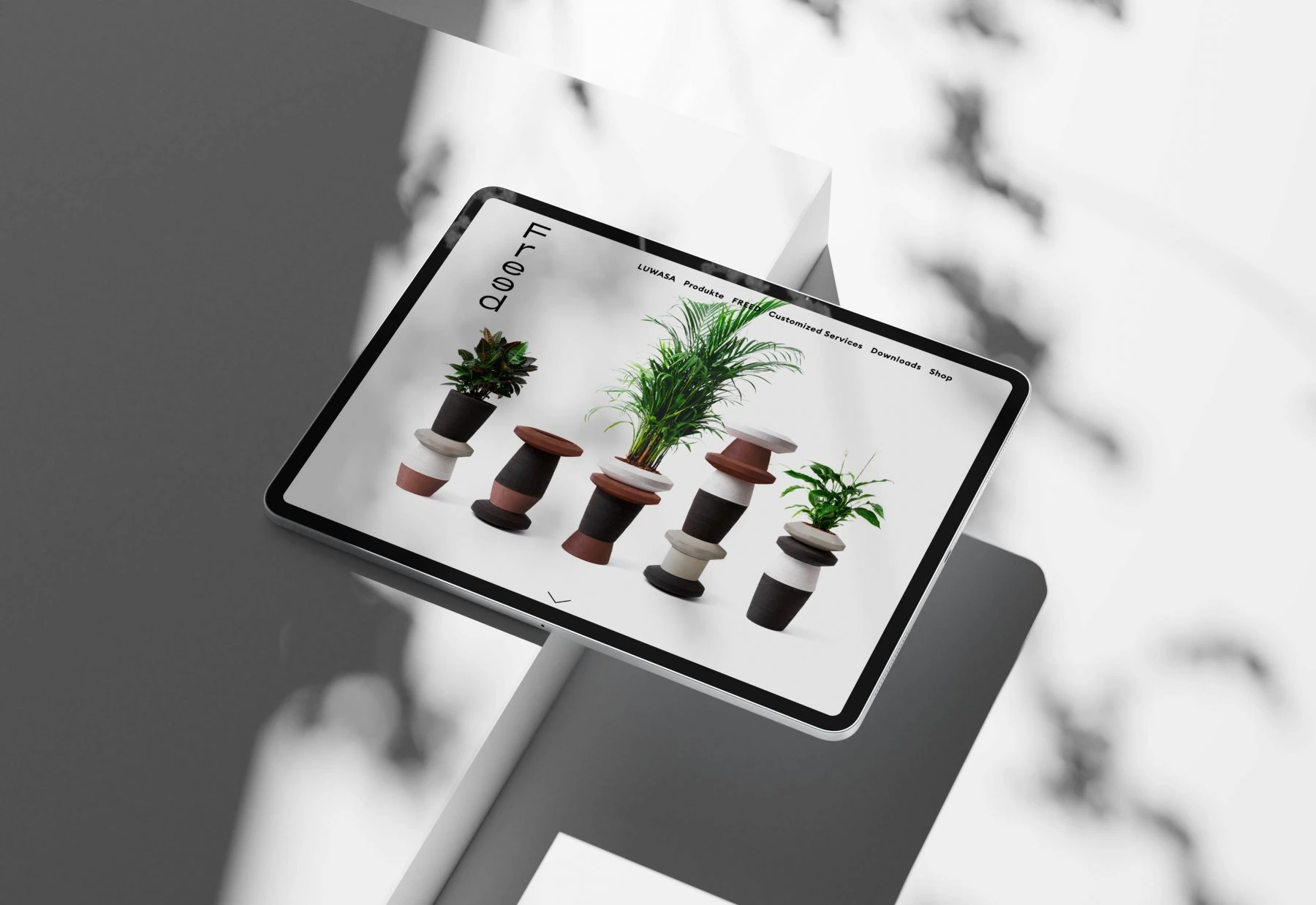 Catalogue de plantes Luwasa sur tablette, avec pots alignés sur fond blanc.