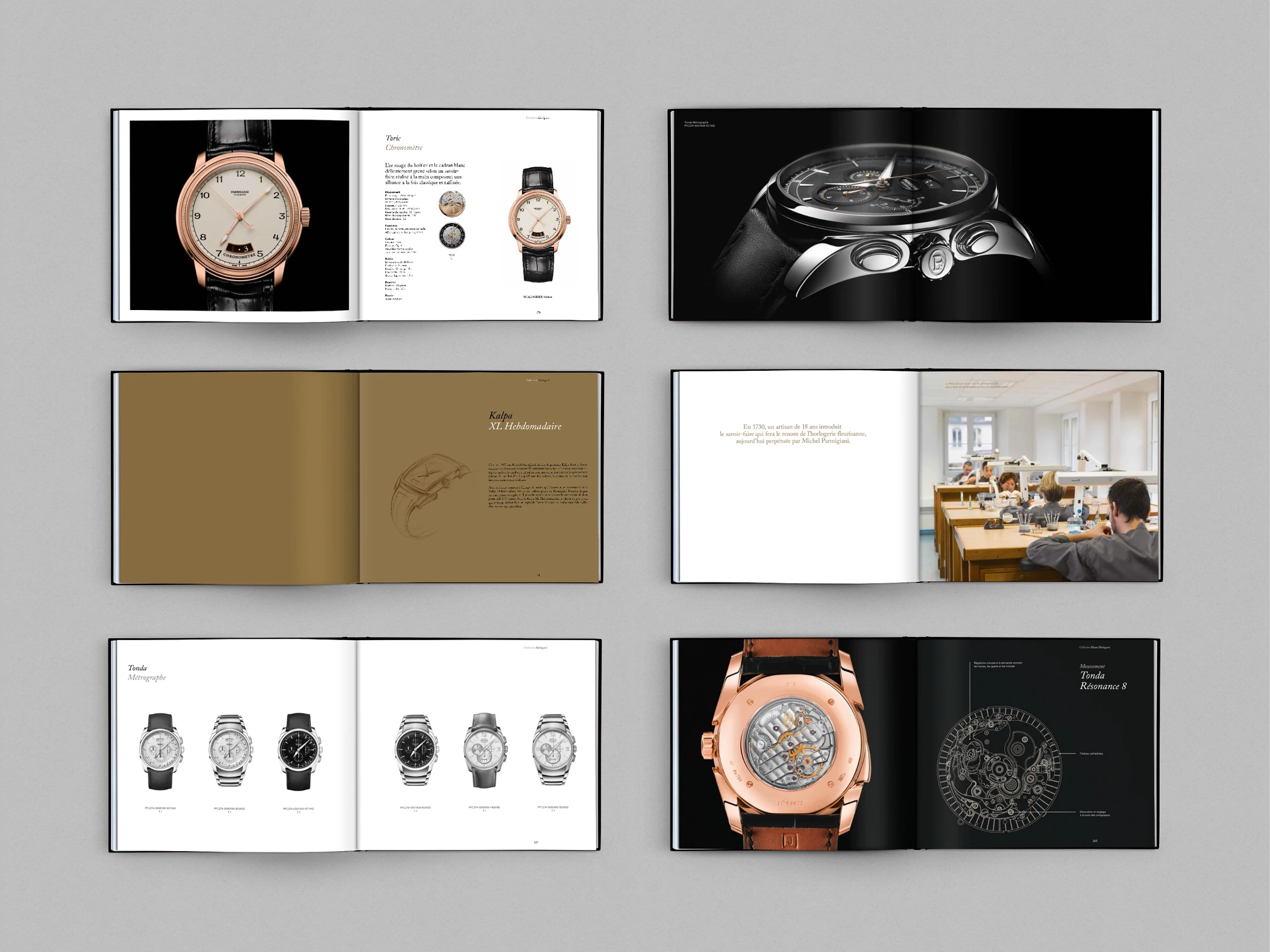 Ensemble de doubles pages du catalogue Parmigiani Fleurier, entre montres, détails et manufacture.