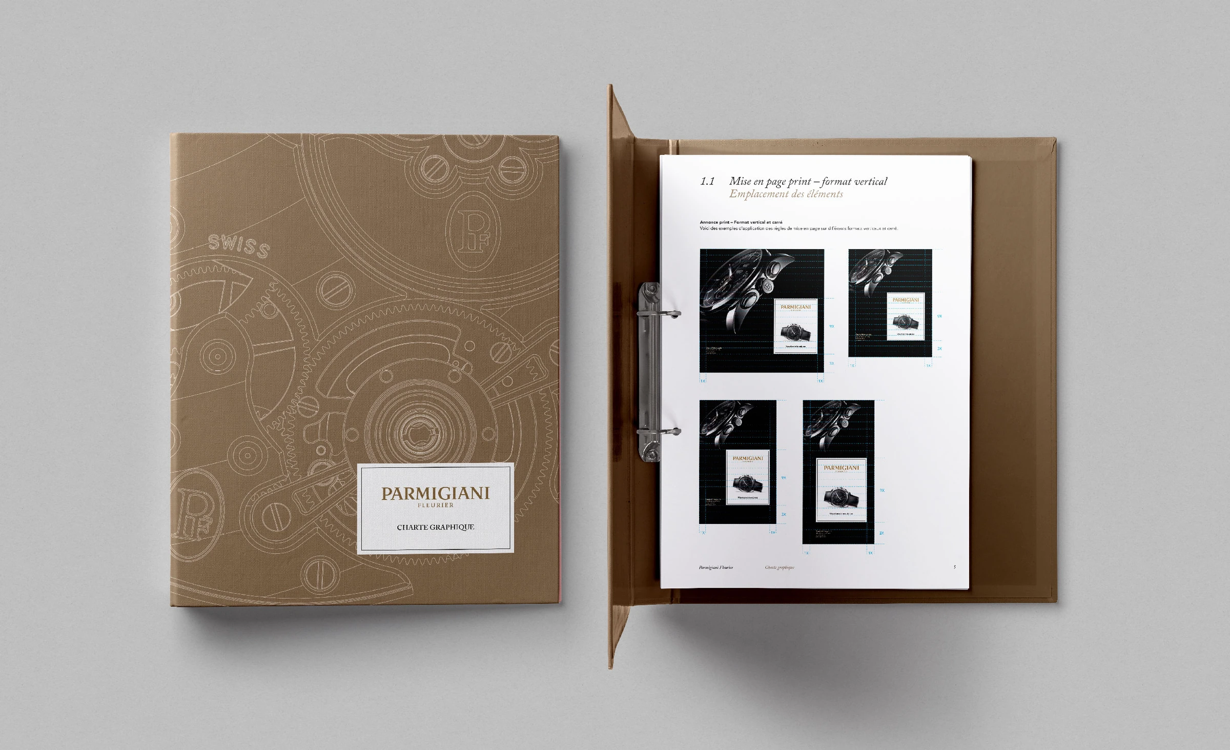 Classeur et documents Parmigiani Fleurier avec couverture dorée et dessins de mécanismes horlogers.