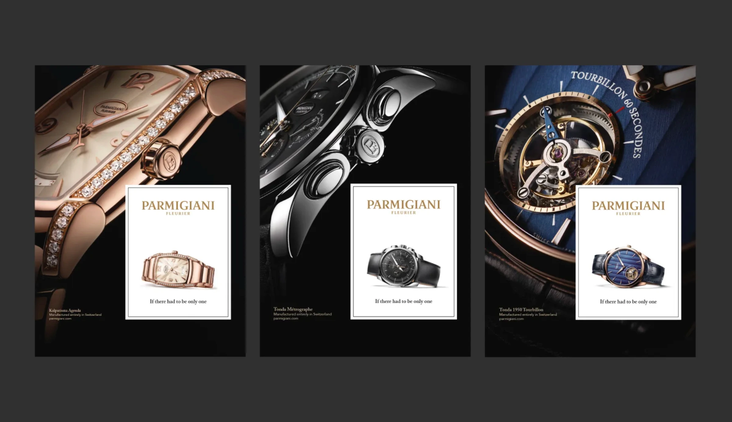 Trois annonces Parmigiani Fleurier associant détails horlogers et cartouches blancs.