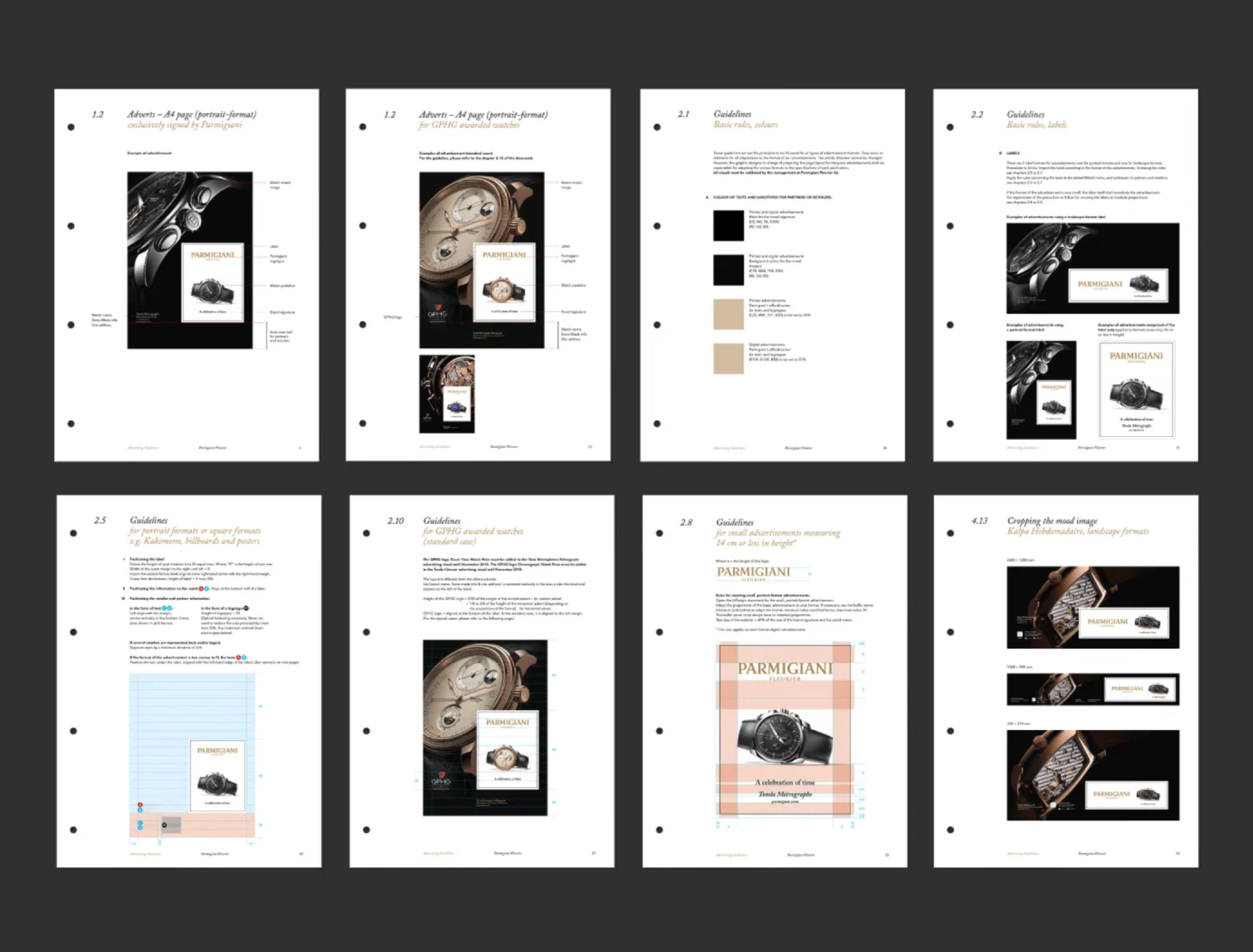 Planche de pages de charte Parmigiani Fleurier présentant les règles de composition des annonces.