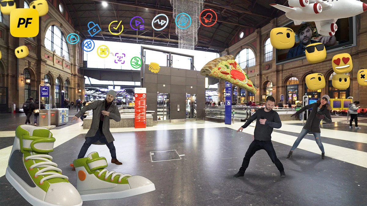 Visuel PostFinance dans une gare, avec danseurs, baskets et icônes en suspension.
