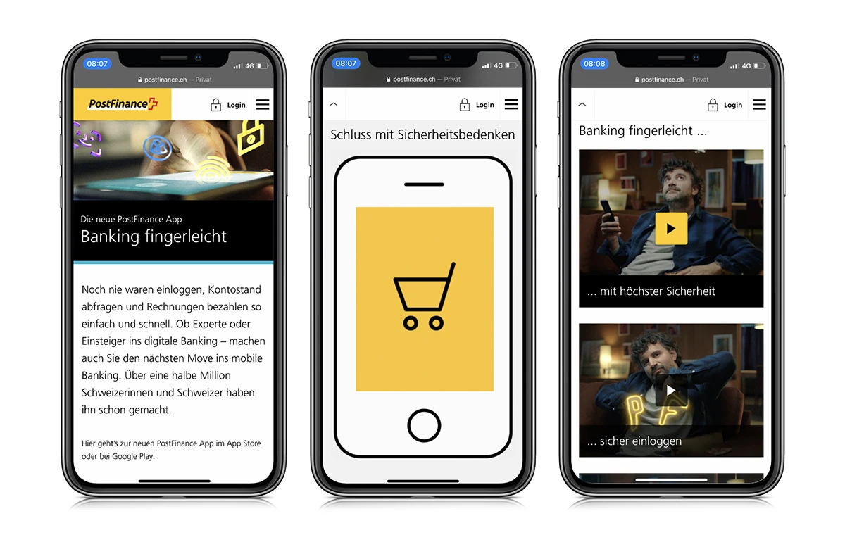 Pages PostFinance « Banking fingerleicht » présentées sur trois smartphones.