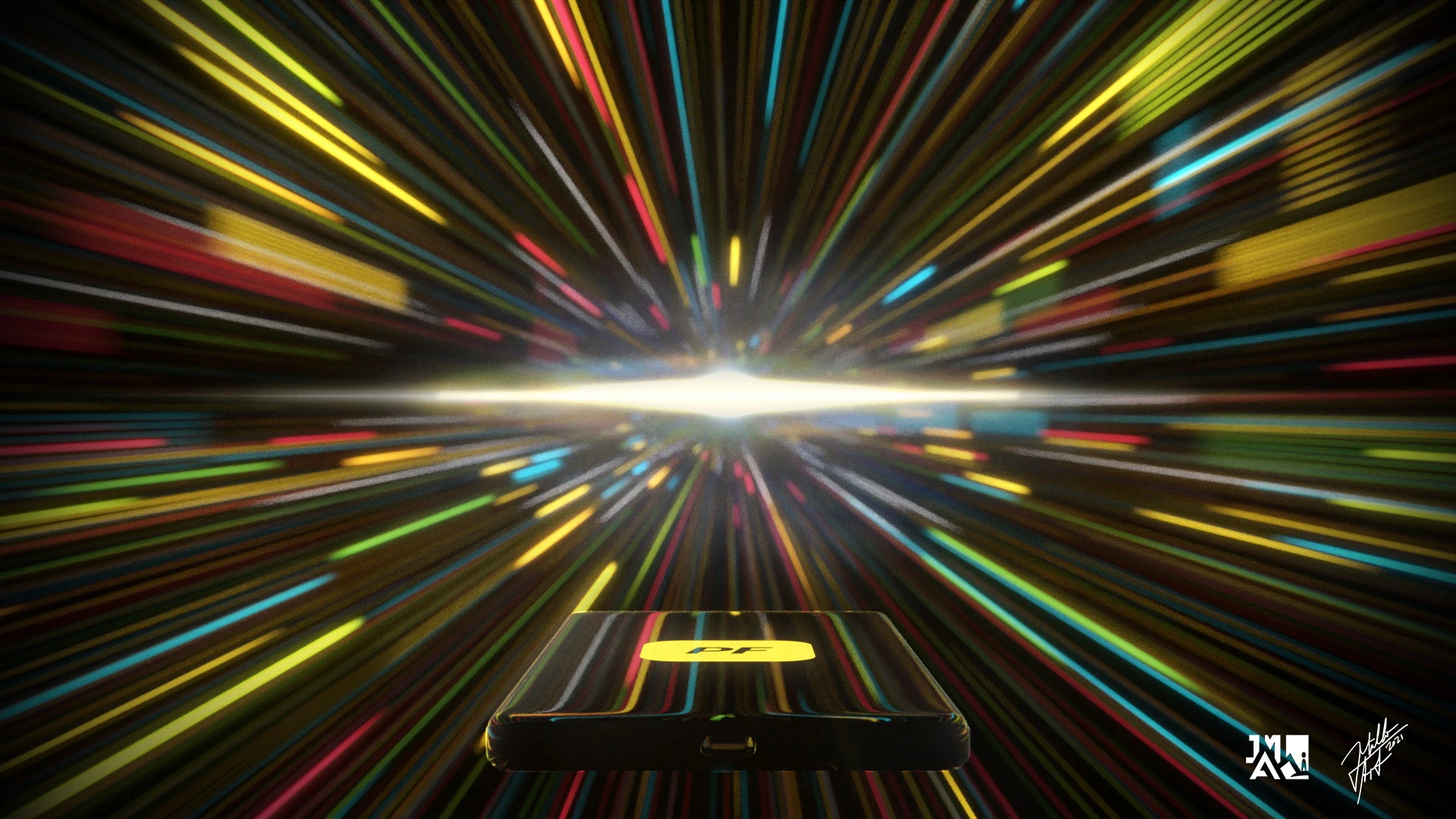 Concept visuel PostFinance : smartphone au centre de traînées lumineuses colorées.
