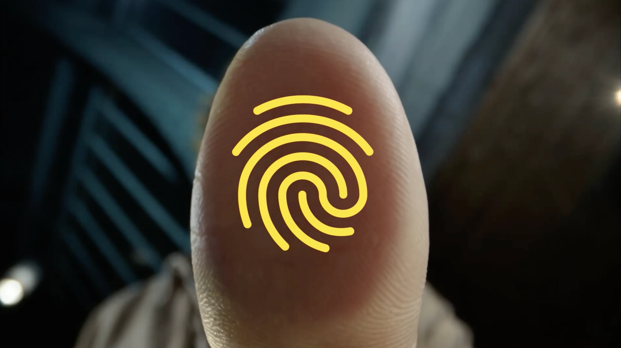 Gros plan d’un doigt portant une empreinte jaune lumineuse pour PostFinance.
